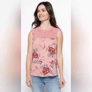 DANIEL RAINN Cannie Lace Trim Knit Tank L Pink Floral Crewneck Spring EUC B60